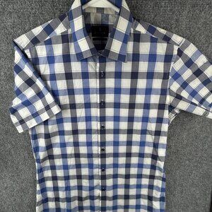 Lanvin Collection Slim Fit Size 100 Blue Short Sleeve Plaid Button Up Shirt SML